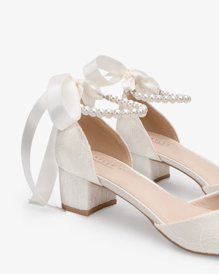 Ivory Lace Pointy Toe Low Block Heels Wedding Shoes with All Pearl Strap
