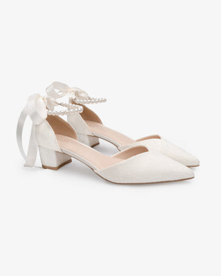 Ivory Lace Pointy Toe Low Block Heels Wedding Shoes with All Pearl Strap