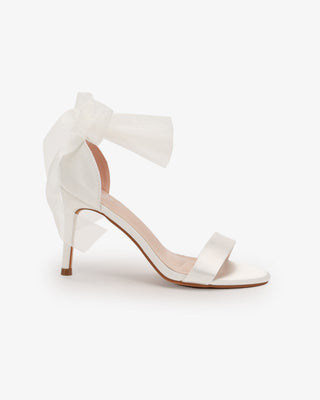 Ivory Satin High Heel Wedding Sandals with Wrapped Sheer Ribbon Ankle Tie