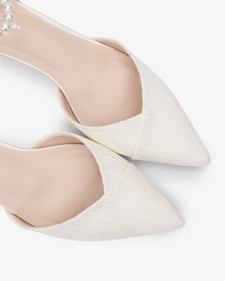 Ivory Lace Pointy Toe Low Block Heels Wedding Shoes with All Pearl Strap