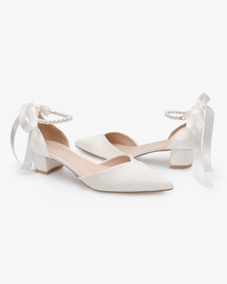 Ivory Lace Pointy Toe Low Block Heels Wedding Shoes with All Pearl Strap