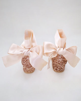 Rose Gold Rock Glitter Low Block Heel Girls Sandals with Wrapped Satin Tie
