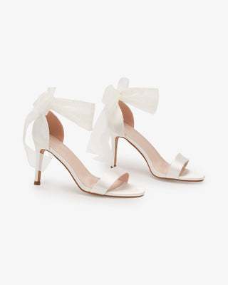 Ivory Satin High Heel Wedding Sandals with Wrapped Sheer Ribbon Ankle Tie
