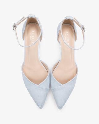 Light Blue Lace Pointy Toe Low Block Heels Wedding Shoes, Bridal shoes