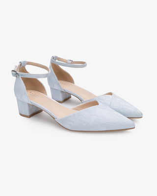 Light Blue Lace Pointy Toe Low Block Heels Wedding Shoes, Bridal shoes