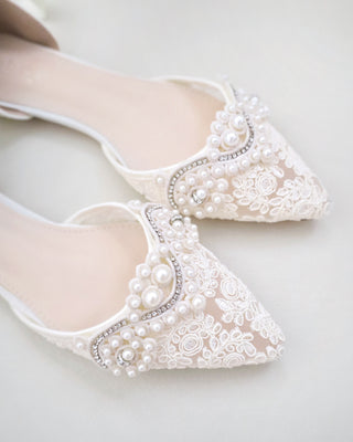 Crochet Lace Pointy Toe Flats with Small Pearls Applique