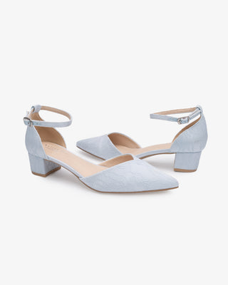 Light Blue Lace Pointy Toe Low Block Heels Wedding Shoes, Bridal shoes