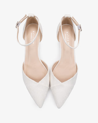 White Lace Pointy Toe Low Block Heels Wedding Shoes, Bridal shoes