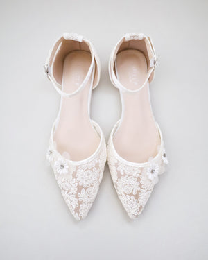 Crochet Lace Pointy Toe Flats with Flower Applique