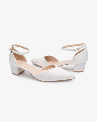 White Lace Pointy Toe Low Block Heels Wedding Shoes, Bridal shoes