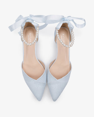 Light Blue Lace Pointy Toe Low Block Heels Wedding Shoes with All Pearl Strap, Bridal Shoes