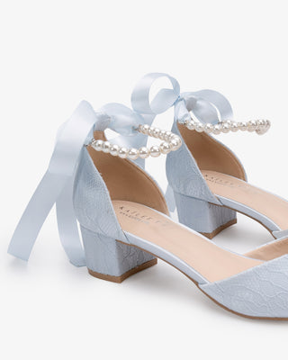 Light Blue Lace Pointy Toe Low Block Heels Wedding Shoes with All Pearl Strap, Bridal Shoes