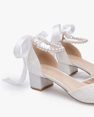 White Lace Pointy Toe Low Block Heels Wedding Shoes with All Pearl Strap