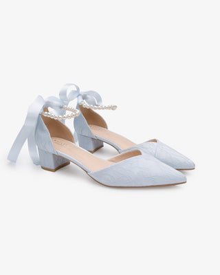 Light Blue Lace Pointy Toe Low Block Heels Wedding Shoes with All Pearl Strap, Bridal Shoes