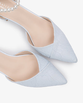 Light Blue Lace Pointy Toe Low Block Heels Wedding Shoes with All Pearl Strap, Bridal Shoes