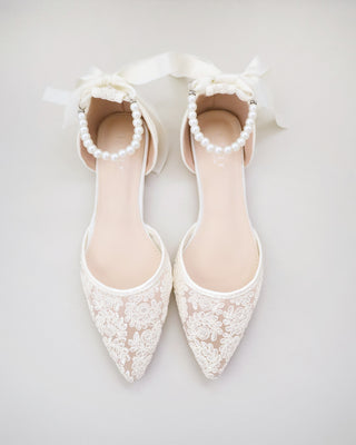 Crochet Lace Pointy Toe with All Pearls Ankle Strap