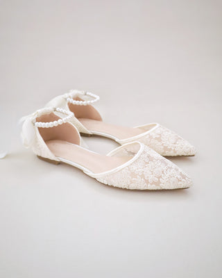 Crochet Lace Pointy Toe with All Pearls Ankle Strap