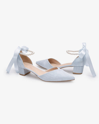 Light Blue Lace Pointy Toe Low Block Heels Wedding Shoes with All Pearl Strap, Bridal Shoes