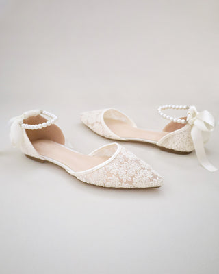 Crochet Lace Pointy Toe with All Pearls Ankle Strap