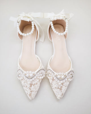 Ivory Crochet Lace Pointy Toe Flats with Small Pearls Applique