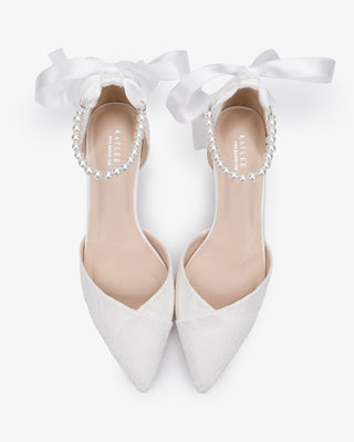 White Lace Pointy Toe Low Block Heels Wedding Shoes with All Pearl Strap