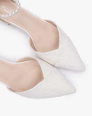 White Lace Pointy Toe Low Block Heels Wedding Shoes with All Pearl Strap
