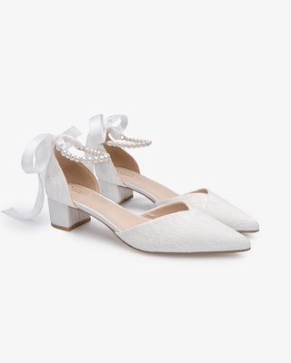 White Lace Pointy Toe Low Block Heels Wedding Shoes with All Pearl Strap