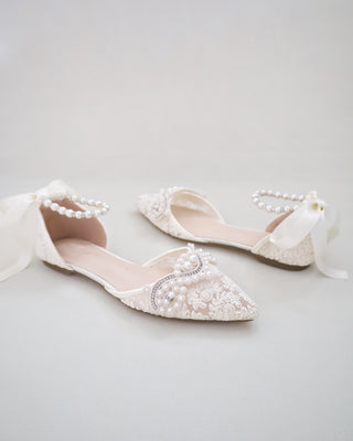 Crochet Lace Pointy Toe Flats with Small Pearls Applique