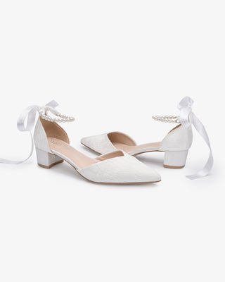 White Lace Pointy Toe Low Block Heels Wedding Shoes with All Pearl Strap