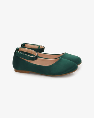 Hunter Green Satin Flats with Velcro Ankle Strap