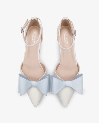 Ivory Lace Pointy Toe Low Block Heels Wedding Shoes with Light Blue Tuxie Bow, Bridal Shoes