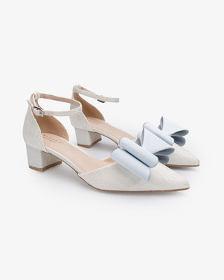 Ivory Lace Pointy Toe Low Block Heels Wedding Shoes with Light Blue Tuxie Bow, Bridal Shoes