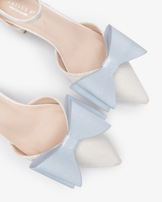 Ivory Lace Pointy Toe Low Block Heels Wedding Shoes with Light Blue Tuxie Bow, Bridal Shoes