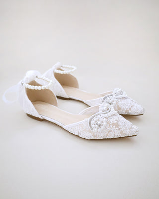 Crochet Lace Pointy Toe Flats with Small Pearls Applique