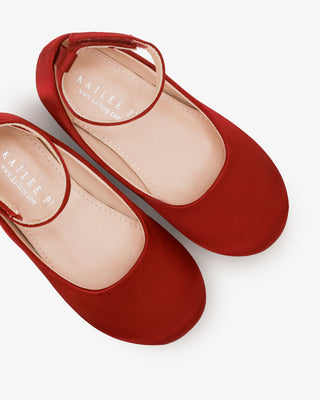 Burgundy Satin Flats with Velcro Ankle Strap