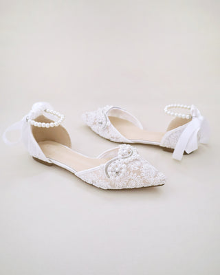 Crochet Lace Pointy Toe Flats with Small Pearls Applique