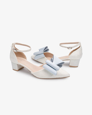 Ivory Lace Pointy Toe Low Block Heels Wedding Shoes with Light Blue Tuxie Bow, Bridal Shoes