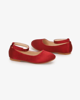 Burgundy Satin Flats with Velcro Ankle Strap