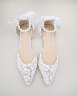 Crochet Lace Pointy Toe with All Pearls Ankle Strap