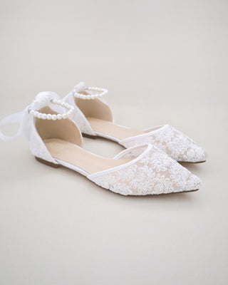 Crochet Lace Pointy Toe with All Pearls Ankle Strap