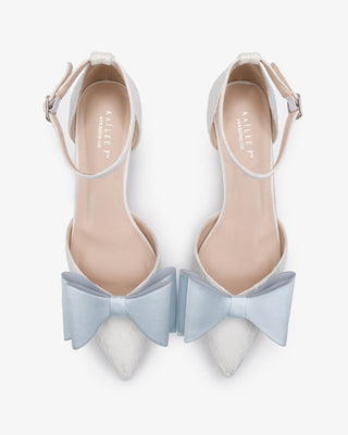 White Lace Pointy Toe Low Block Heels Wedding Shoes with Light Blue Tuxie Bow, Bridal Shoes