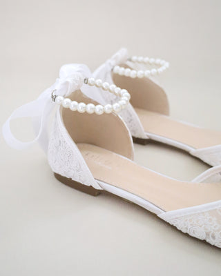 Crochet Lace Pointy Toe with All Pearls Ankle Strap