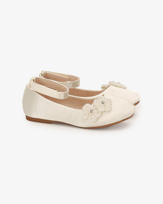 Satin Flower Girls Ballet Flats with All Pearls Chassia FlowersKids Shoes