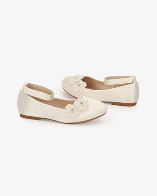 Satin Flower Girls Ballet Flats with All Pearls Chassia FlowersKids Shoes
