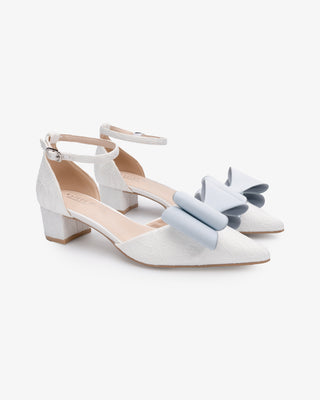 White Lace Pointy Toe Low Block Heels Wedding Shoes with Light Blue Tuxie Bow, Bridal Shoes