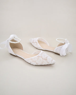 Crochet Lace Pointy Toe with All Pearls Ankle Strap
