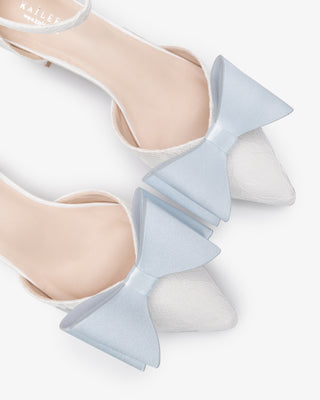 White Lace Pointy Toe Low Block Heels Wedding Shoes with Light Blue Tuxie Bow, Bridal Shoes