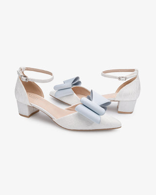 White Lace Pointy Toe Low Block Heels Wedding Shoes with Light Blue Tuxie Bow, Bridal Shoes