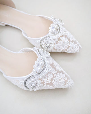 Crochet Lace Pointy Toe Flats with Small Pearls Applique