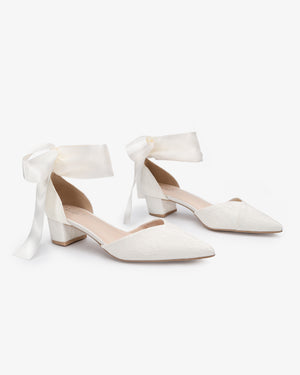 Lace Pointy Toe Low Block Heels Wedding Shoes with Wrapped Ankle Tie